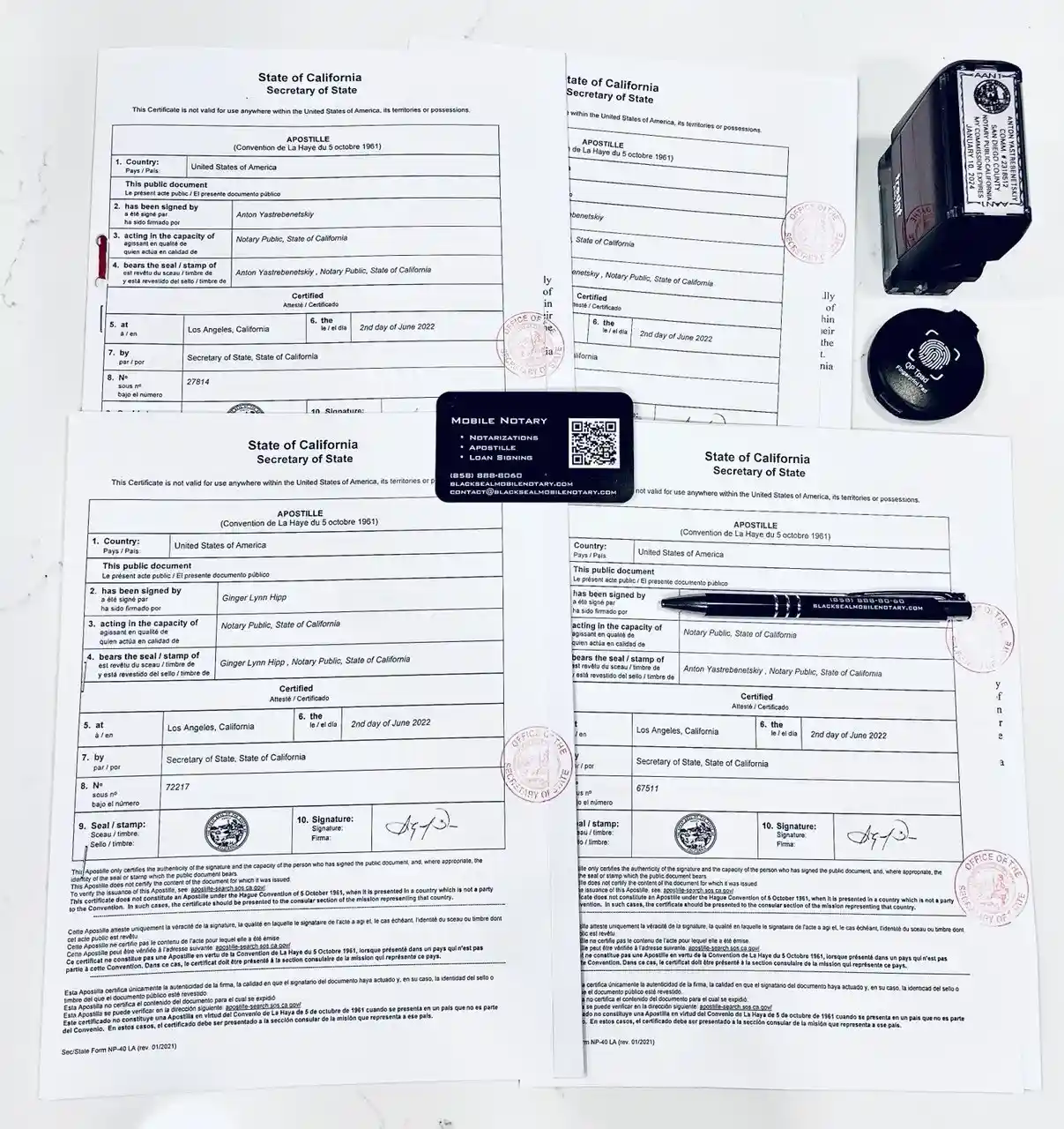California Secretary of State apostille certificates issued for documents notarized by Black Seal Mobile Notary